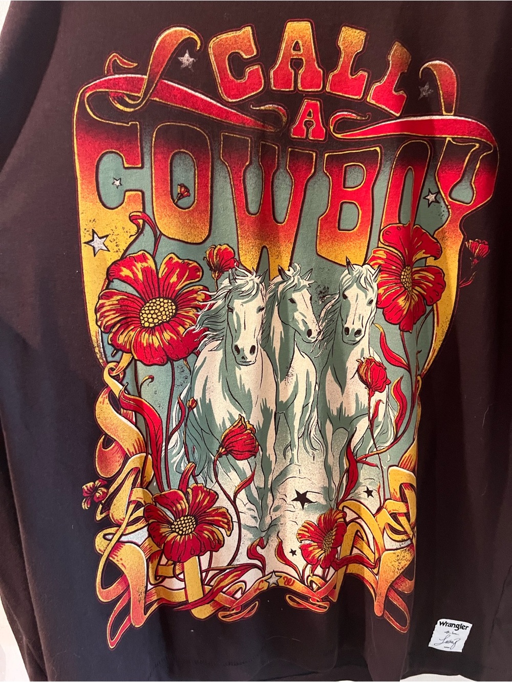 Wrangler Black Tee with Red, Yellow & Teal Western Horse Graphic